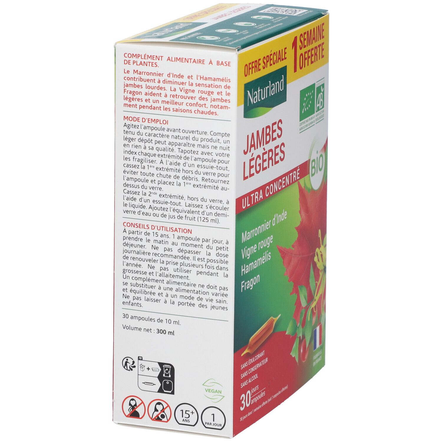 Boîte Naturland JAMBES LÉGÈRES BIO Ampoules. Dos avec texte et mode d'emploi. 30 ampoules, 10 ml.