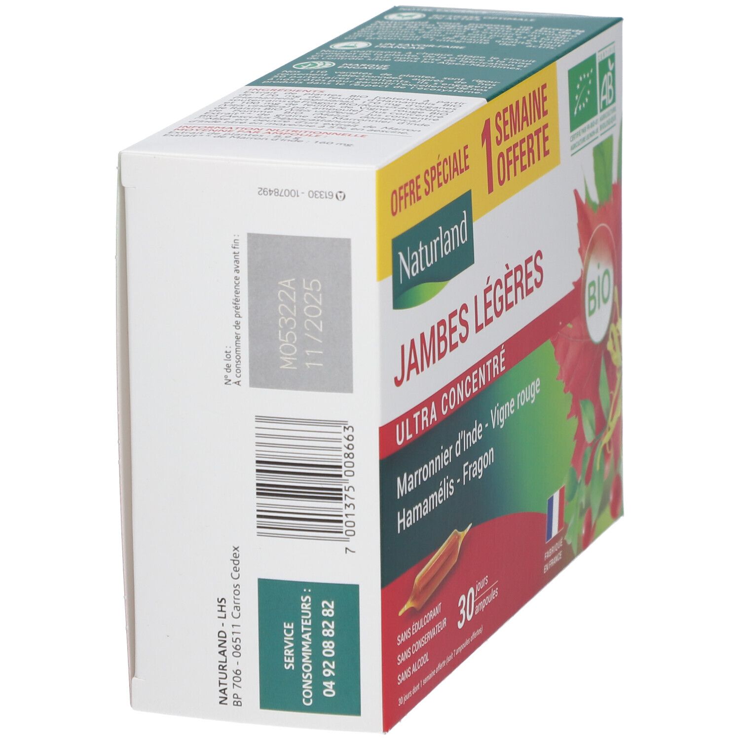 Vue latérale de la boîte Naturland JAMBES LÉGÈRES BIO Ampoules. Texte: 30 ampoules, date de péremption, code-barres.