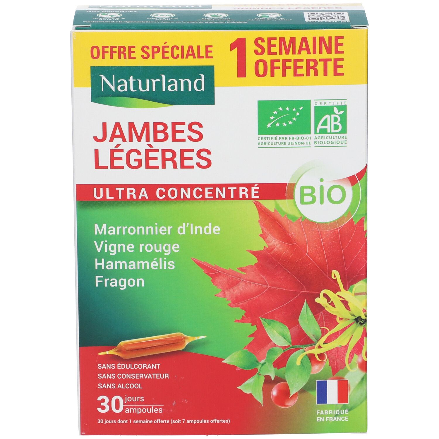 Boîte Naturland JAMBES LÉGÈRES BIO Ampoules. Vue avant avec nom du produit, label bio, 30 ampoules.