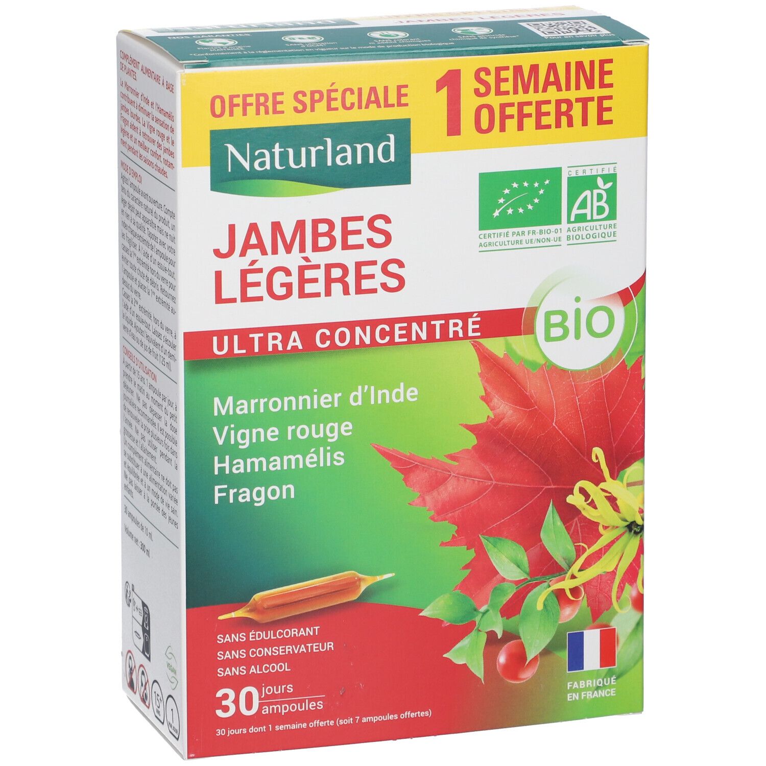 Boîte Naturland JAMBES LÉGÈRES BIO Ampoules. Vue avant avec nom du produit, label bio, 30 ampoules.
