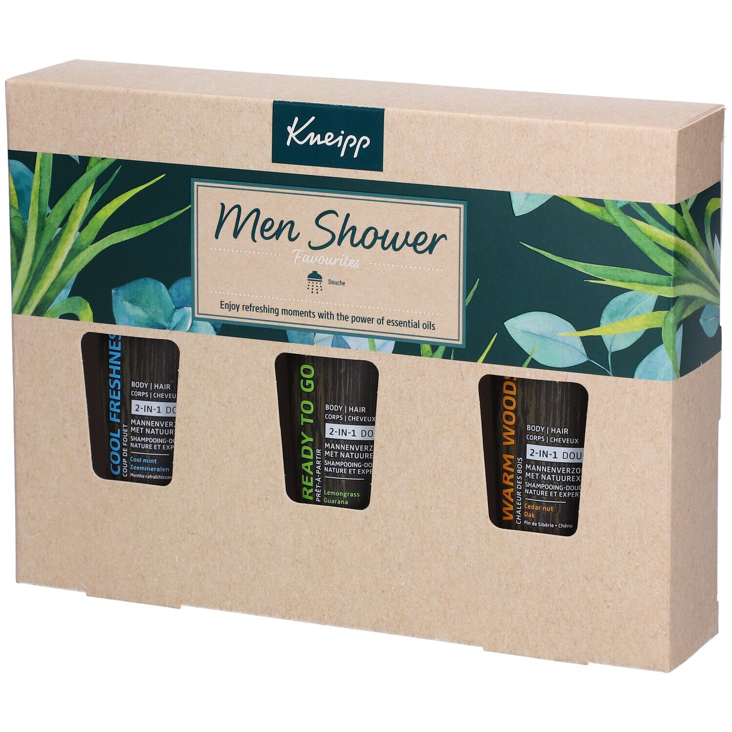 Coffret cadeau avec trois gels douche. Inscription: Kneipp, Men Shower. Trois flacons avec noms de produits: Cool Freshness, Ready to Go, Warm Wood.