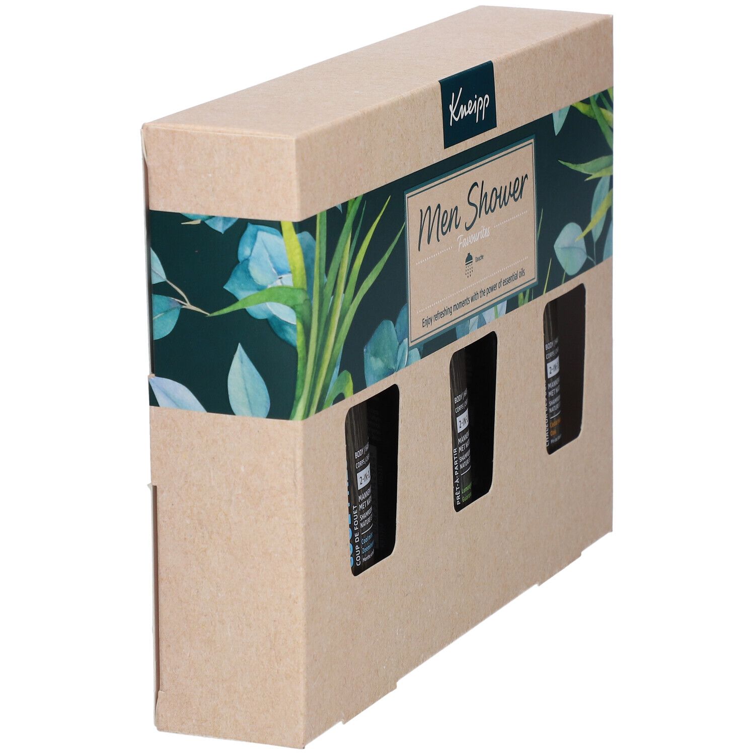 Coffret cadeau avec trois gels douche. Inscription: Kneipp, Men Shower. Trois flacons visibles. Emballage en carton.