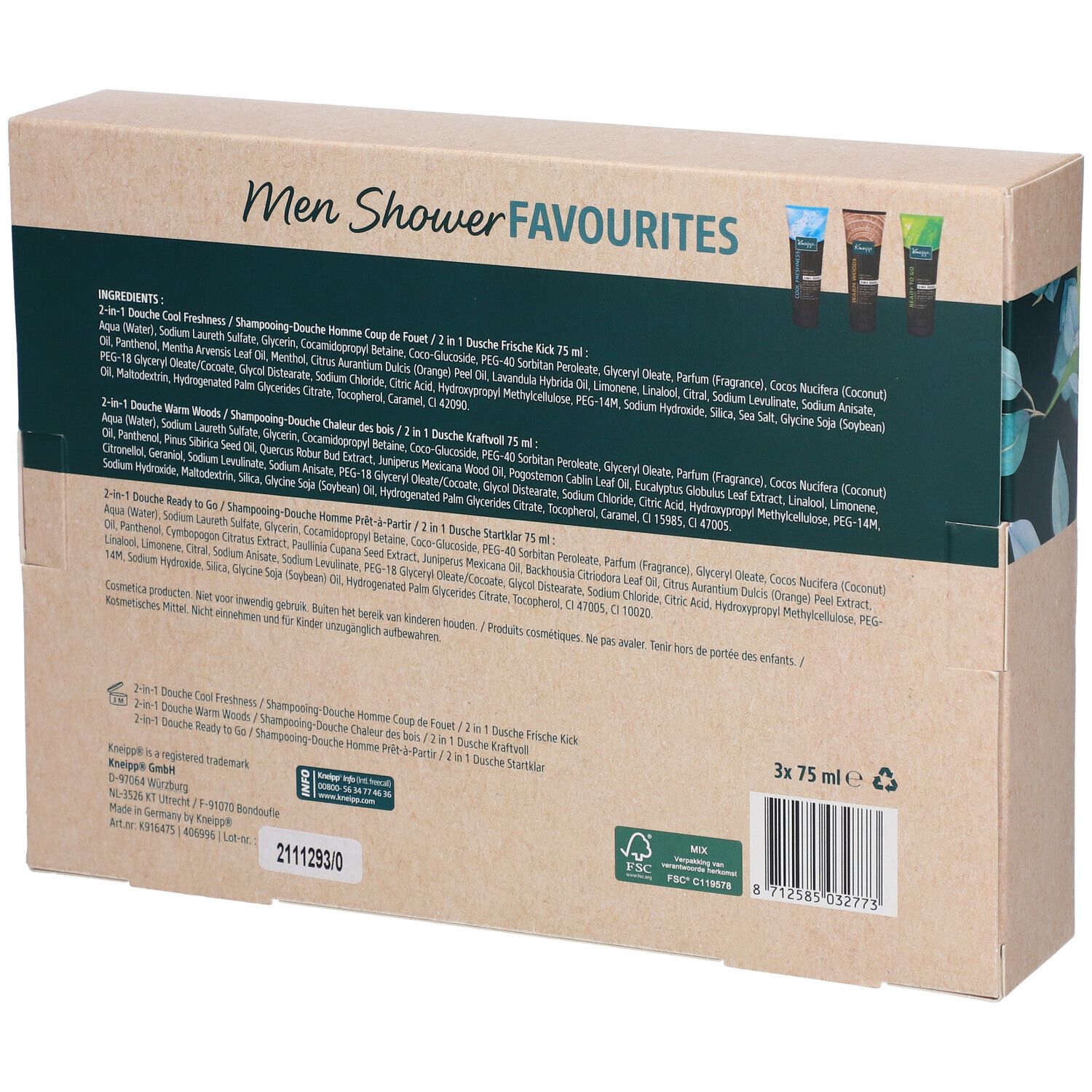 Dos du coffret cadeau avec ingrédients et informations sur le produit. Inscription: Men Shower Favourites. 3 x 75 ml.