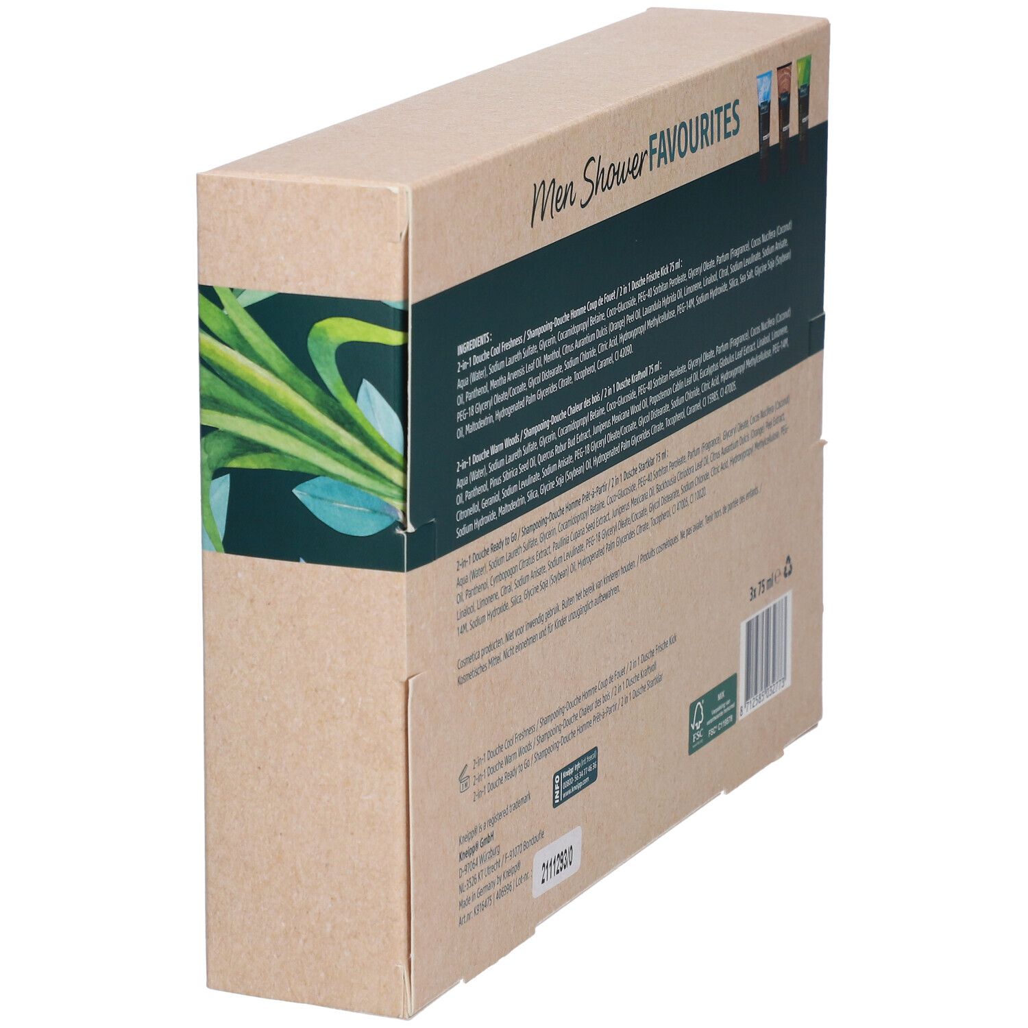 Vue latérale du coffret cadeau avec informations sur le produit. Inscription: Men Shower Favourites. Logo FSC et code-barres.
