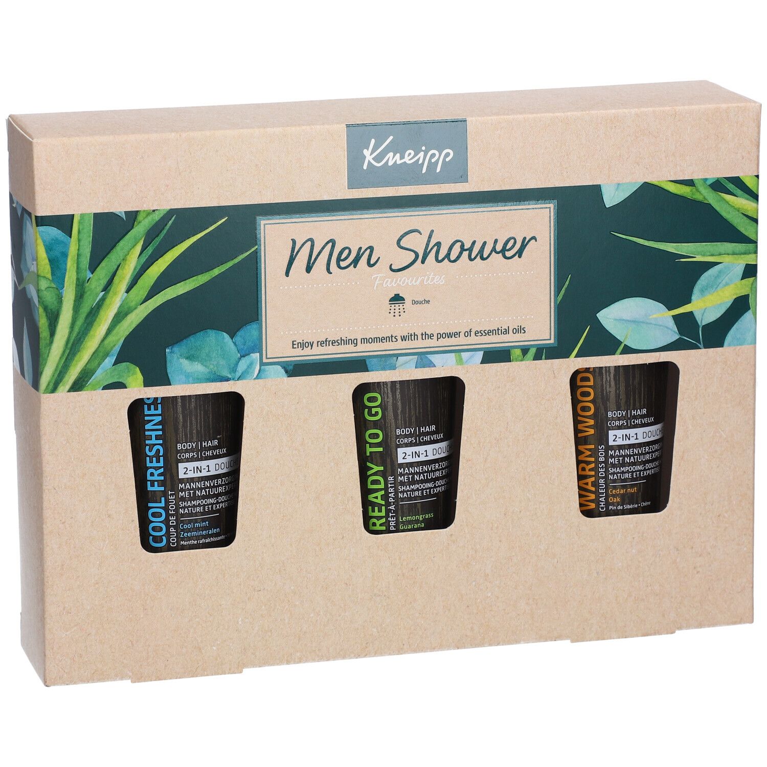 Coffret cadeau avec trois gels douche. Inscription: Kneipp, Men Shower. Trois flacons avec noms de produits: Cool Freshness, Ready to Go, Warm Wood.