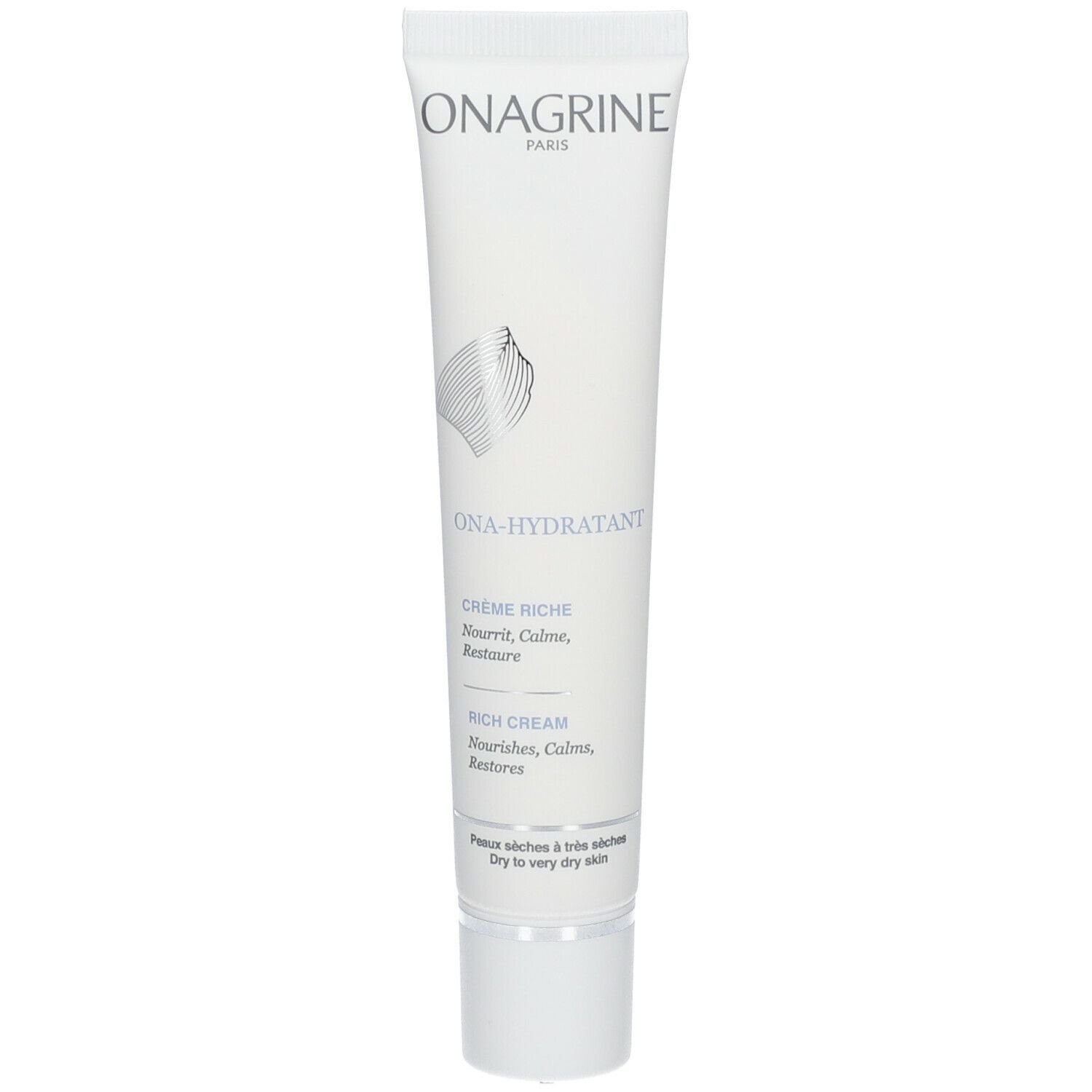 Tube blanc avec bouchon à vis. Inscription : ONAGRINE, ONA-HYDRATANT, CRÈME RICHE. Texte : Nourrit, Calme, Restaure. Pour peaux sèches à très sèches.
