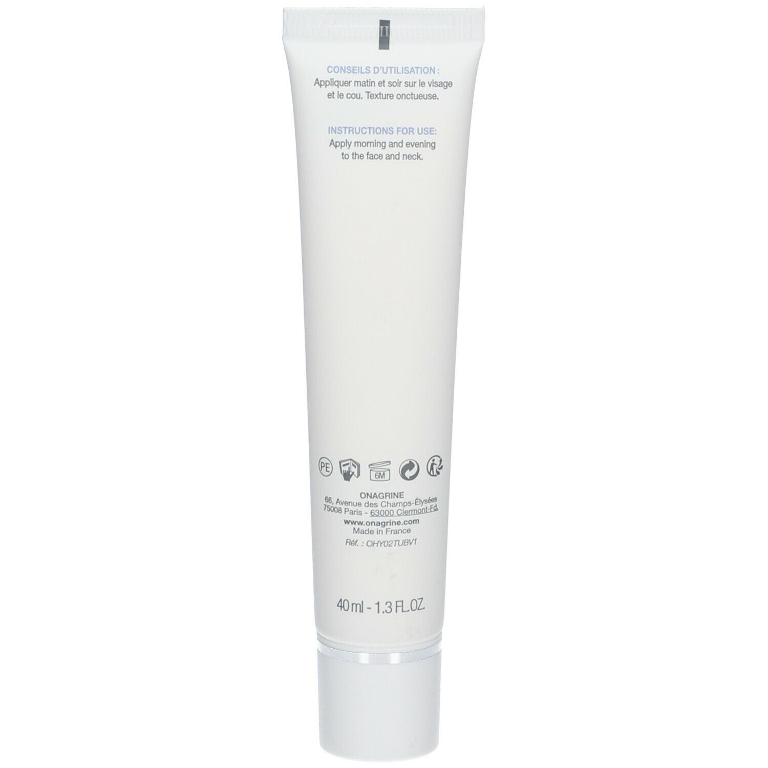 Dos du tube blanc. Texte : CONSEILS D'UTILISATION, INSTRUCTIONS FOR USE. Logos et informations sur le fabricant et les ingrédients. Volume : 40 ml - 1.3 FL.OZ.