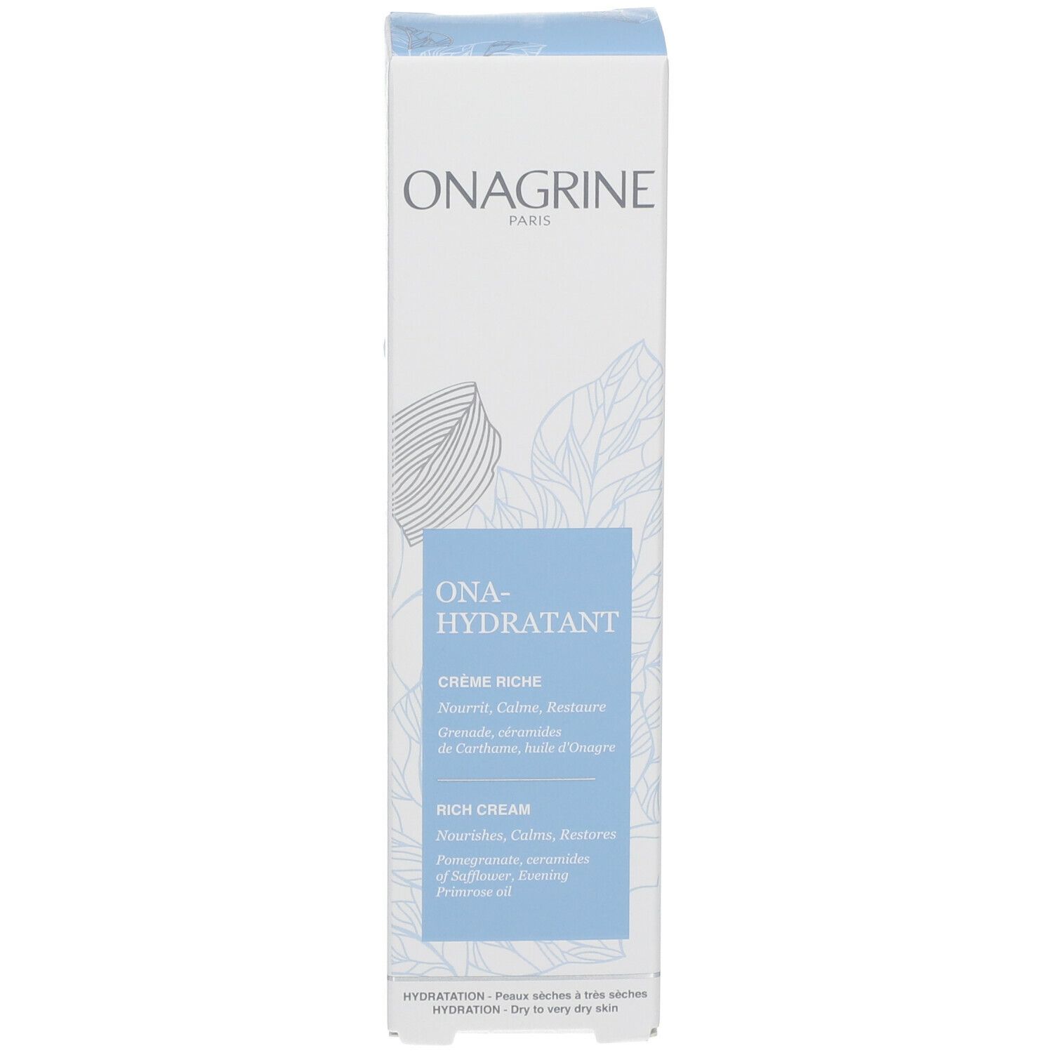 Emballage en carton avec accent bleu. Inscription : ONAGRINE, ONA-HYDRATANT, CRÈME RICHE. Texte : Nourrit, Calme, Restaure. Pour peaux sèches à très sèches.