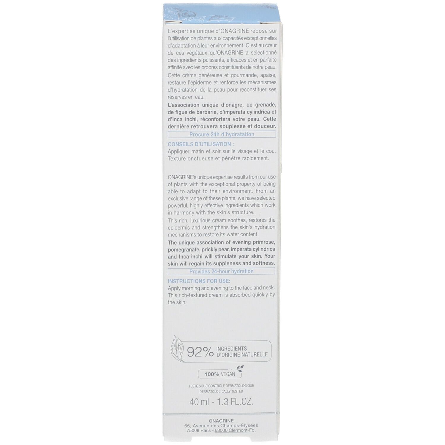 Emballage en carton, côté avec texte en anglais. Informations sur l'utilisation et les ingrédients. Marque : ONAGRINE. 92% d'ingrédients d'origine naturelle.