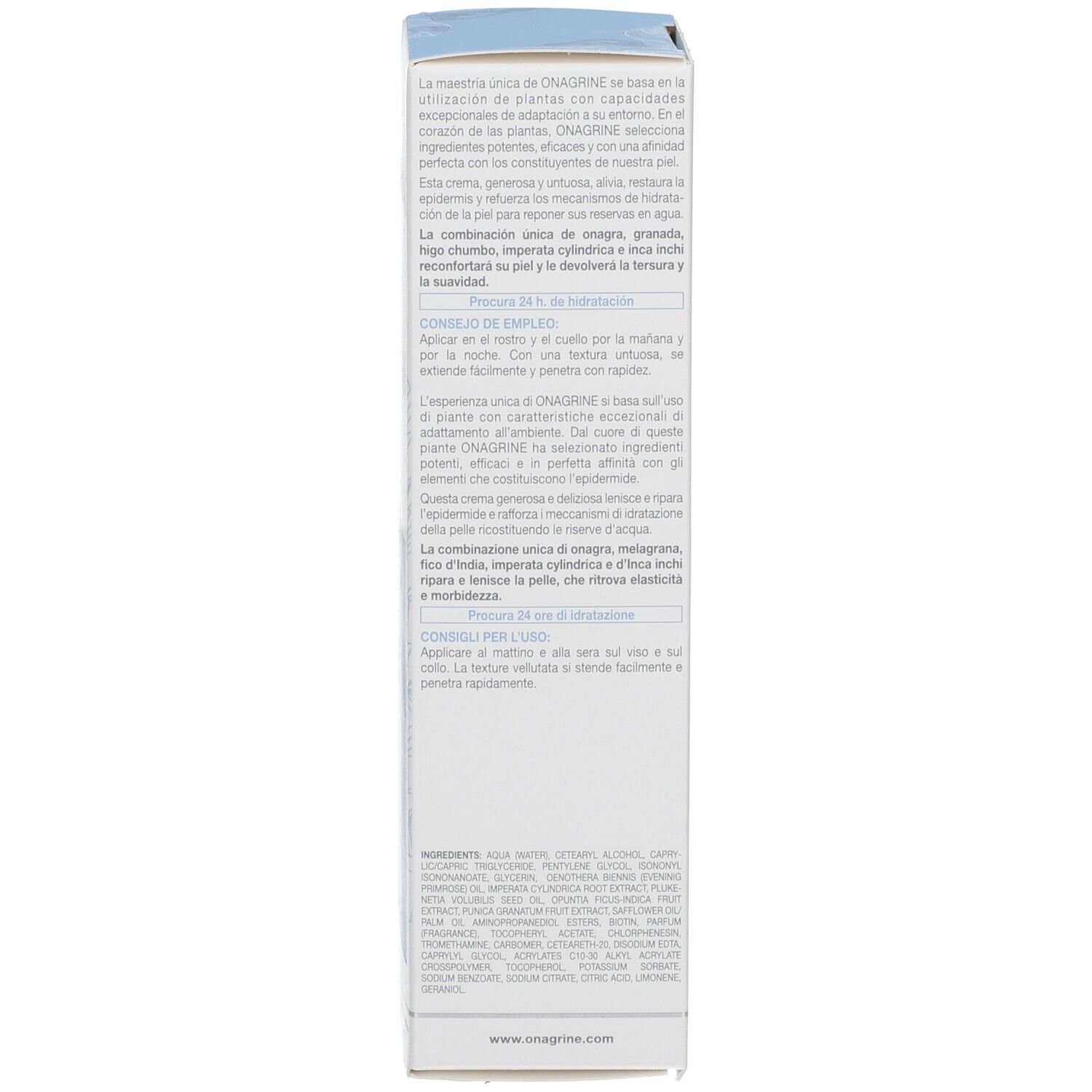 Emballage en carton, côté avec texte en italien. Informations sur l'utilisation et les ingrédients. Marque : ONAGRINE.