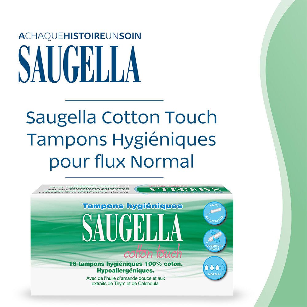 Saugella - Cotton Touch - Tampons Hygiéniques sans Applicateur - Flux Normaux - 100% Coton - Hypoallergéniques, Confort et Sécurité - Enrichis en Thymol et en Huile d'Amande Douce - Pack de 16