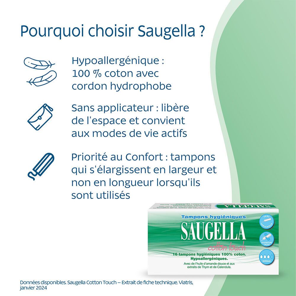 Saugella - Cotton Touch - Tampons Hygiéniques sans Applicateur - Flux Normaux - 100% Coton - Hypoallergéniques, Confort et Sécurité - Enrichis en Thymol et en Huile d'Amande Douce - Pack de 16