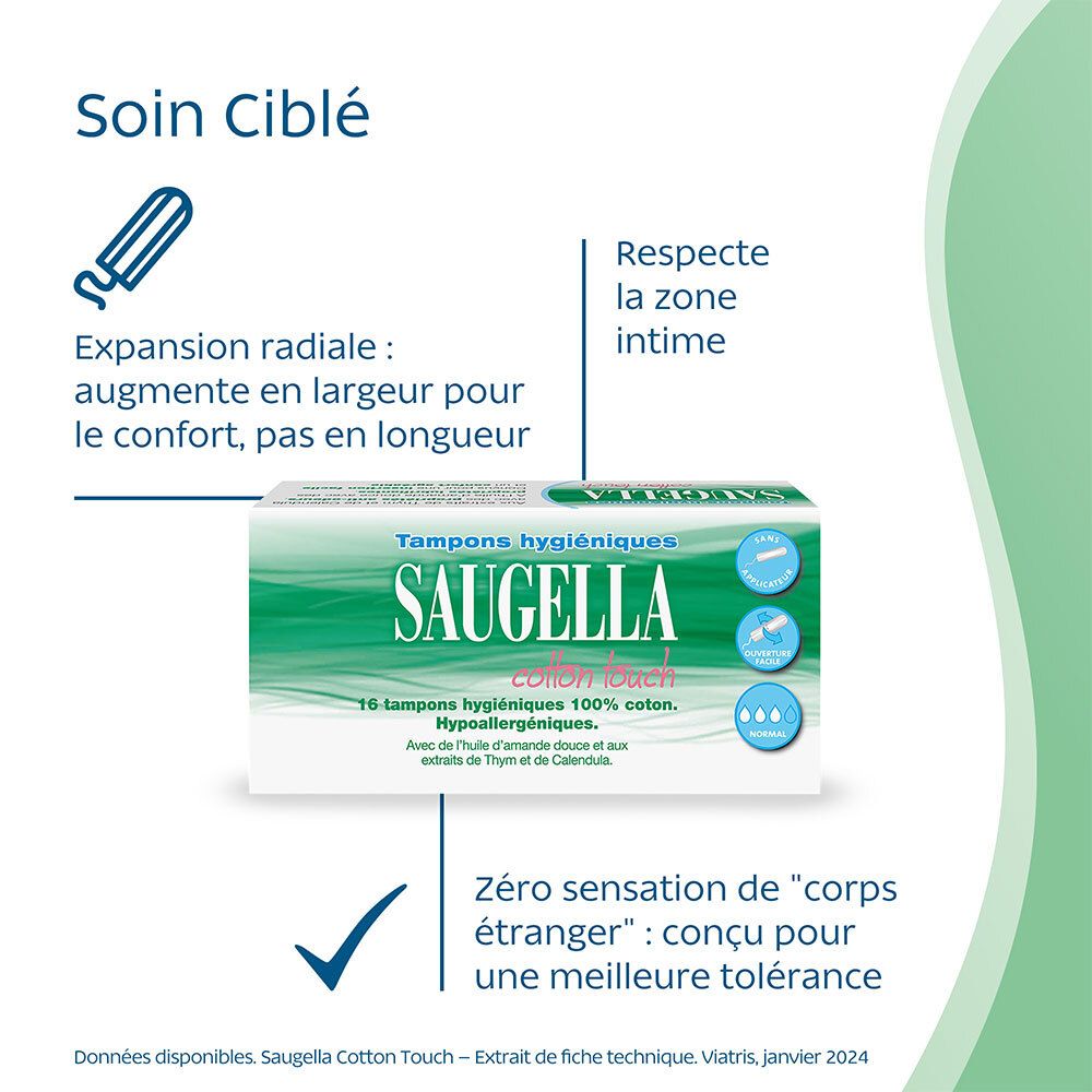Saugella - Cotton Touch - Tampons Hygiéniques sans Applicateur - Flux Normaux - 100% Coton - Hypoallergéniques, Confort et Sécurité - Enrichis en Thymol et en Huile d'Amande Douce - Pack de 16