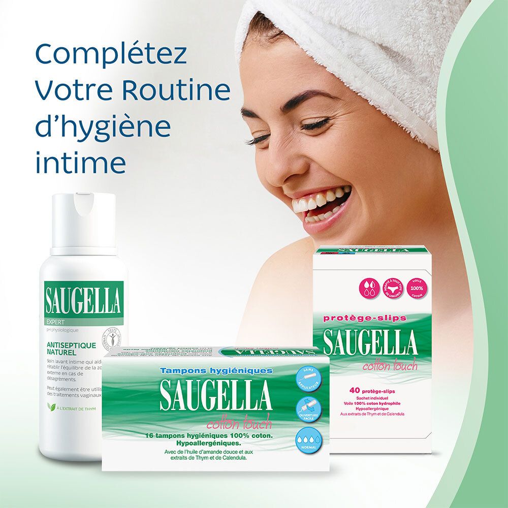 Saugella - Cotton Touch - Tampons Hygiéniques sans Applicateur - Flux Normaux - 100% Coton - Hypoallergéniques, Confort et Sécurité - Enrichis en Thymol et en Huile d'Amande Douce - Pack de 16