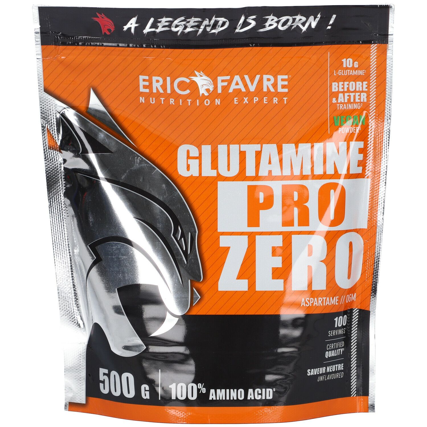 Sachet ERIC FAVRE Glutamine Pro Zero. Orange et noir, nom et logo du produit. 500g, 100% acide aminé.