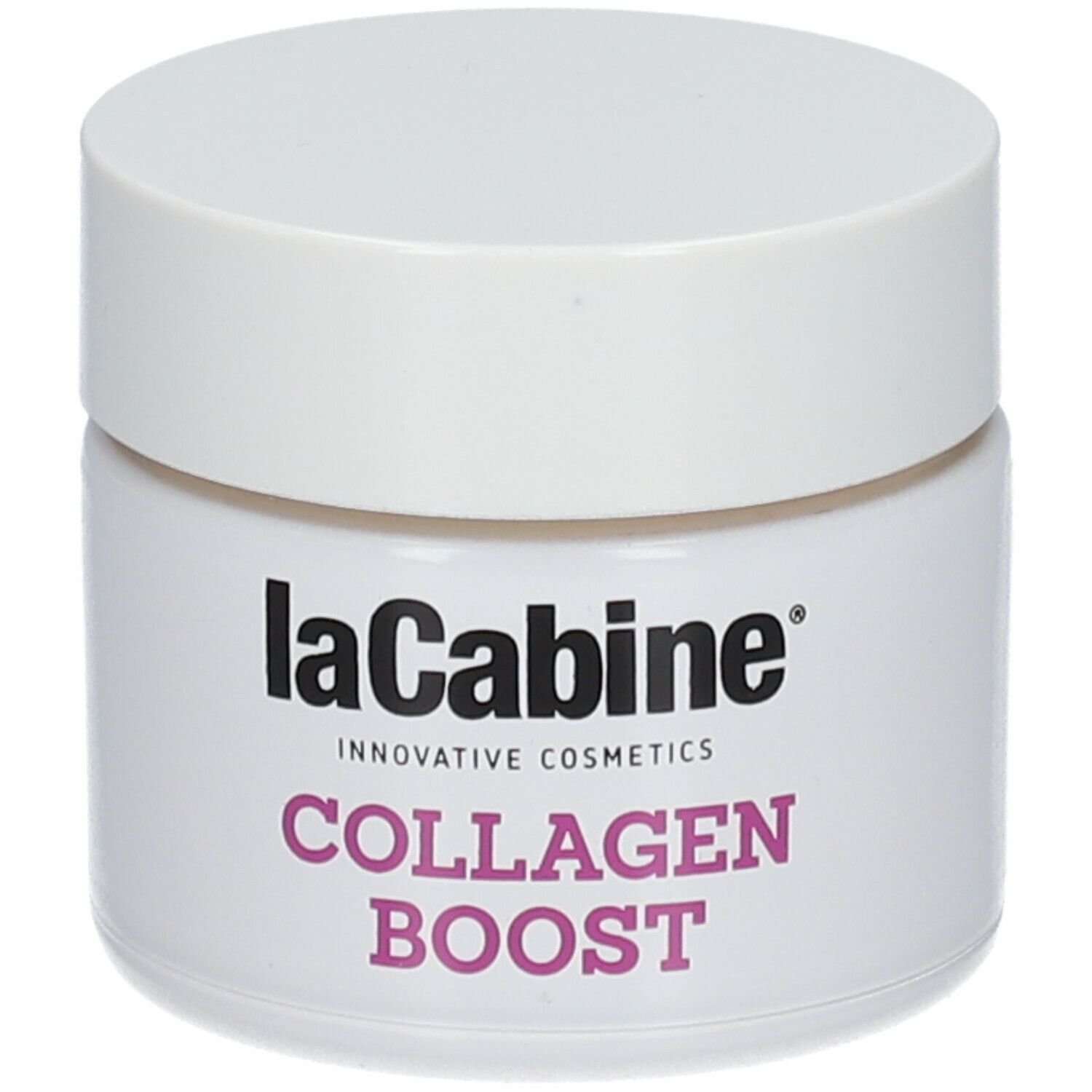 Pot blanc avec couvercle. Inscription: laCabine, Collagen Boost. Texte rose.