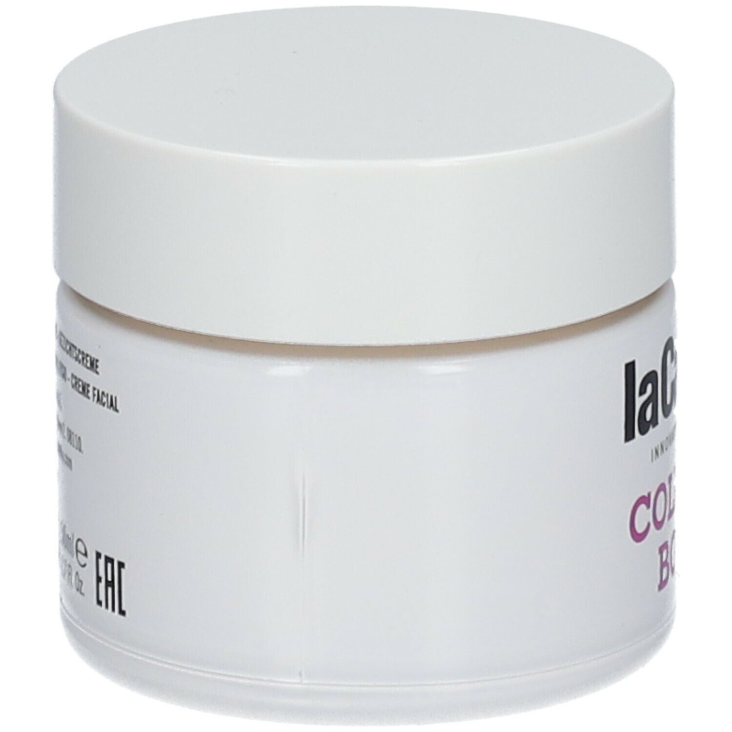 Pot blanc avec couvercle. Inscription: laCabine, Collagen Boost. Informations produit sur le côté.