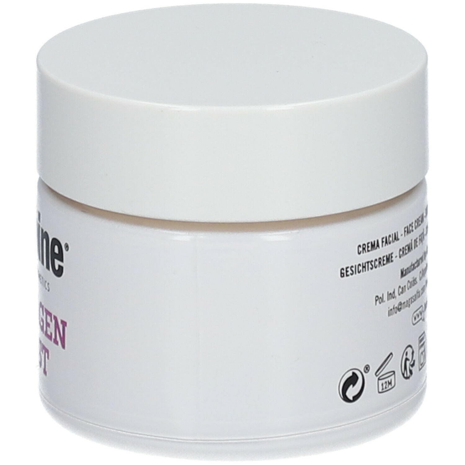 Pot blanc avec couvercle. Inscription: laCabine, Collagen Boost. Informations produit sur le côté.