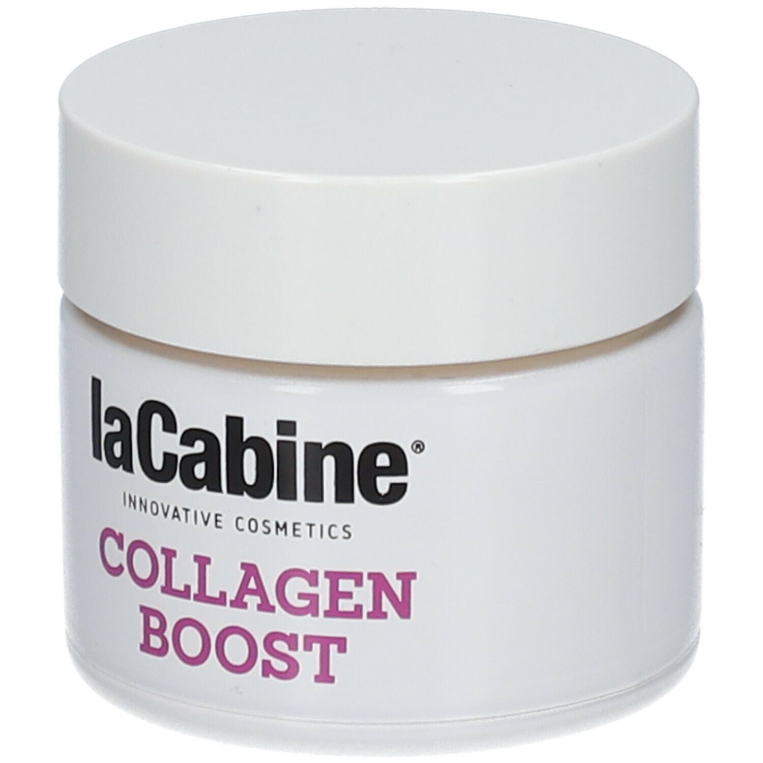Pot blanc avec couvercle. Inscription: laCabine, Collagen Boost. Texte rose.