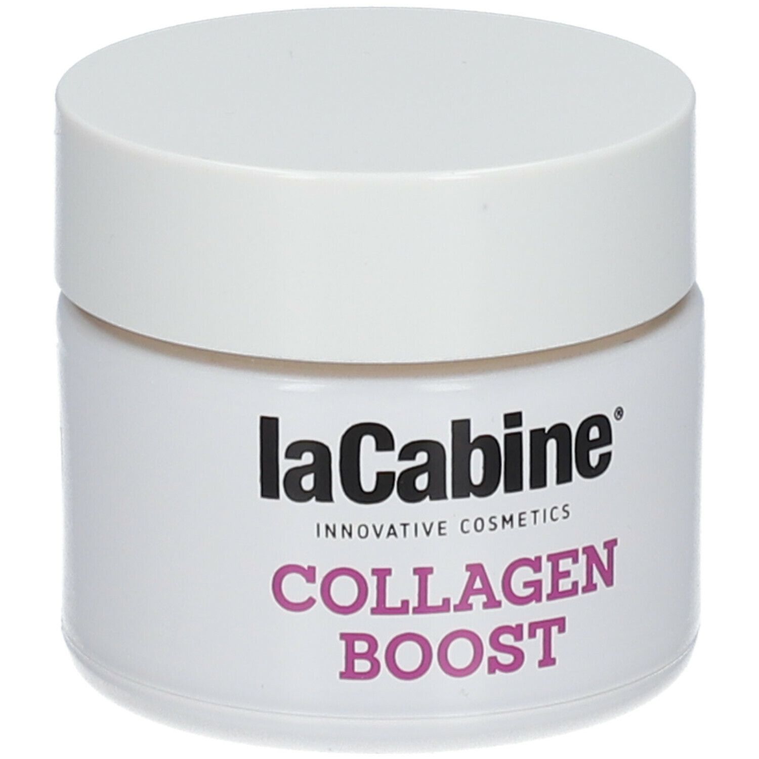 Pot blanc avec couvercle. Inscription: laCabine, Collagen Boost. Texte rose.