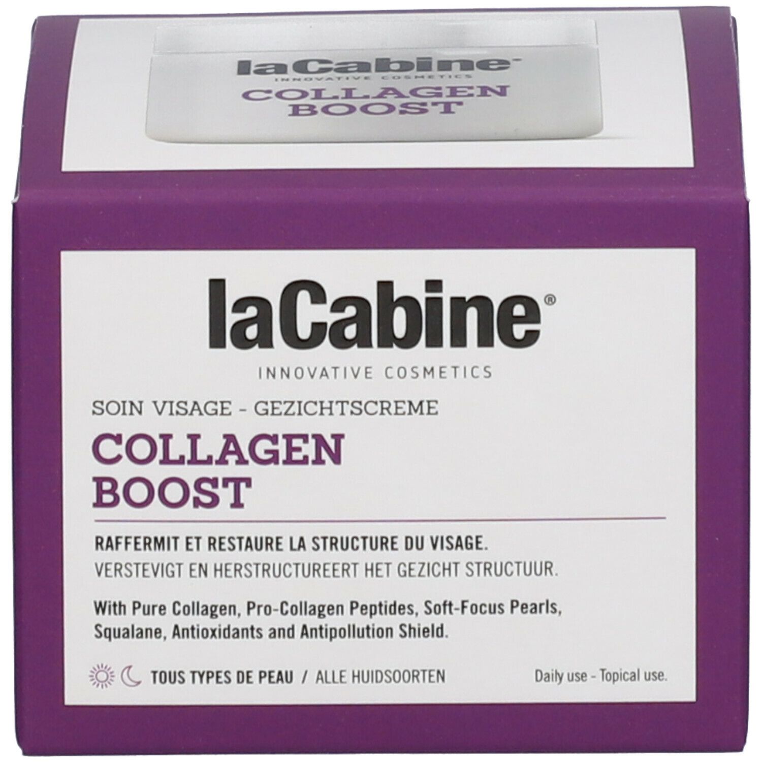 Boîte violette avec couvercle blanc. Inscription: laCabine, Collagen Boost. Informations produit.