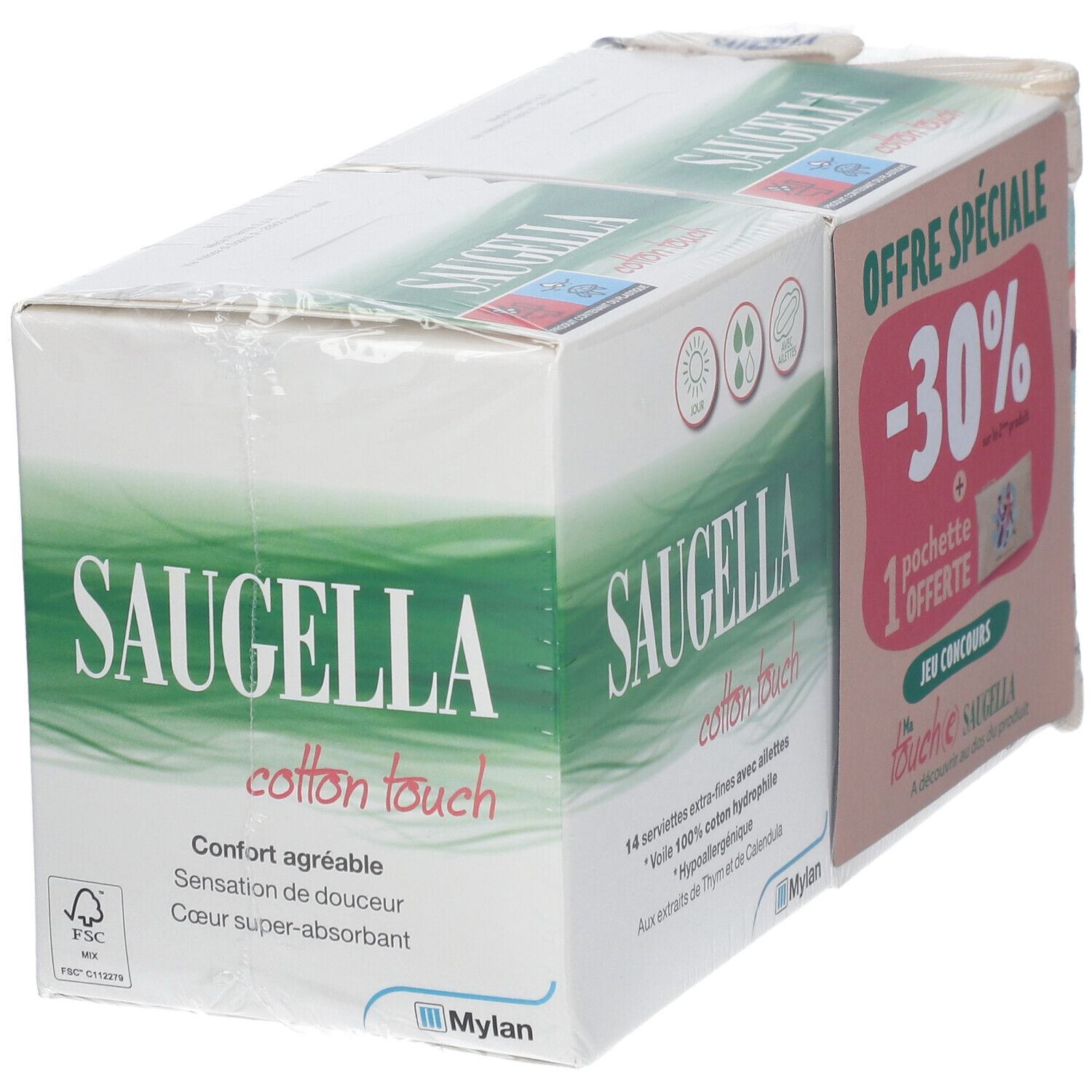 Emballage de serviettes Saugella. Deux boîtes, emballées dans du plastique. Impression avec nom du produit, logo et message promotionnel.