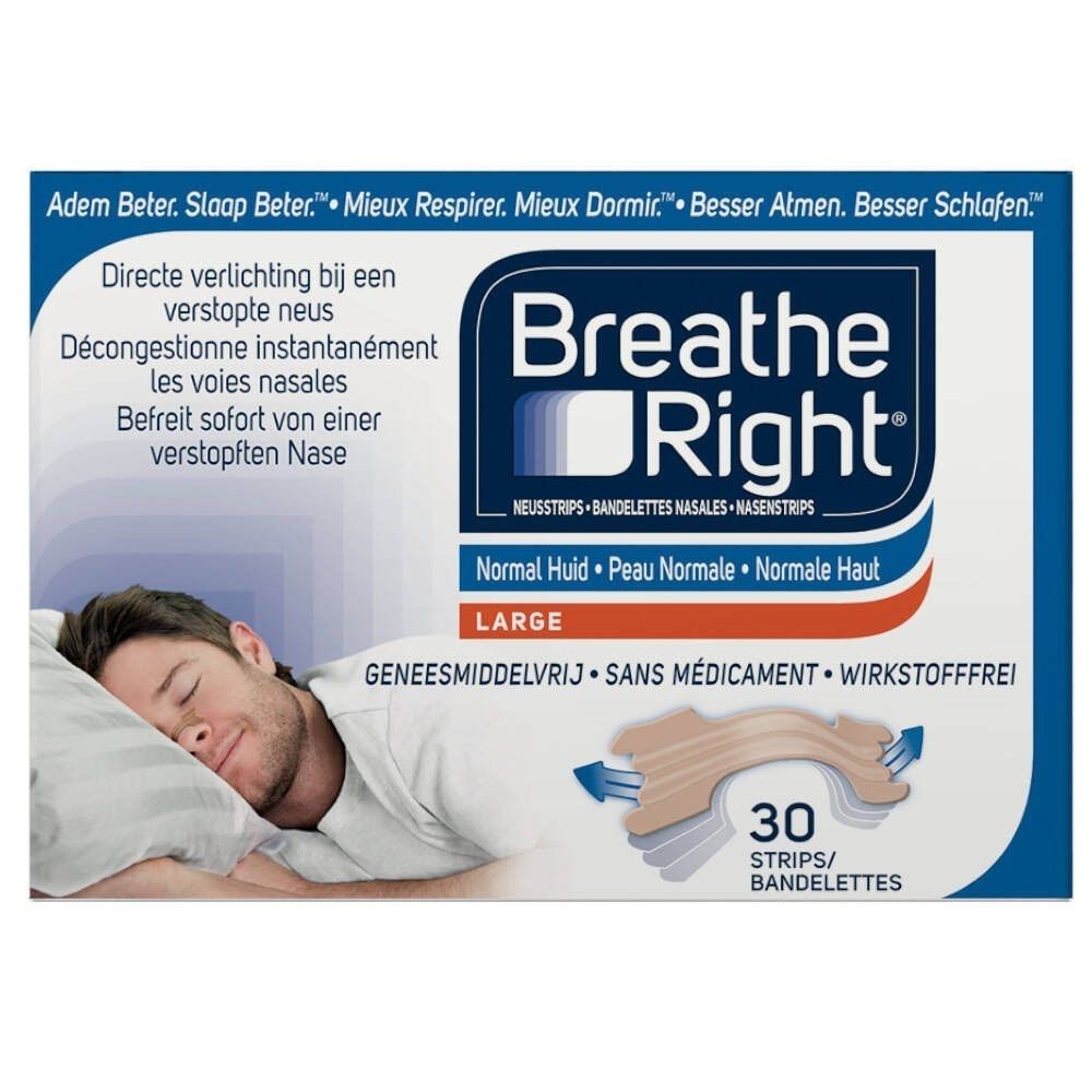 Boîte de Breathe Right® bandes nasales. Contient 30 bandes. Inscription : Large, Peau Normale. Homme dormant.