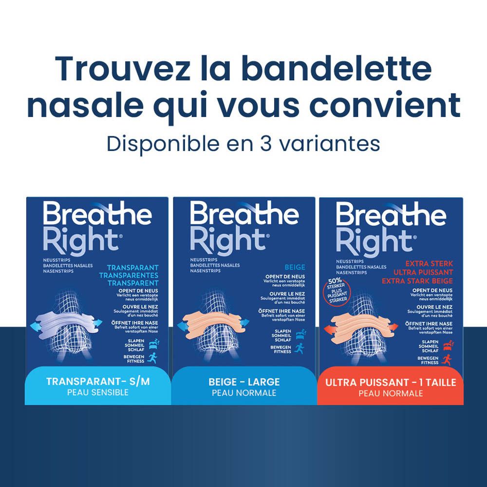 Comparaison des bandelettes nasales Breathe Right® : Transparent, Beige, Extra Fort.