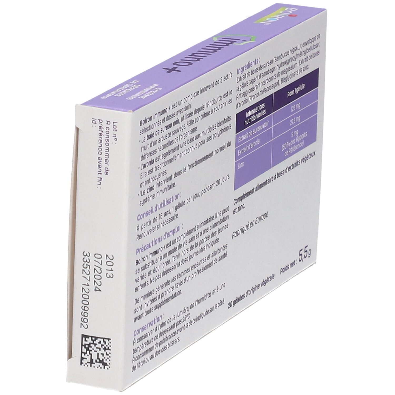 Vue latérale de la boîte "immuno+". Texte et numéro de lot. 20 gélules.