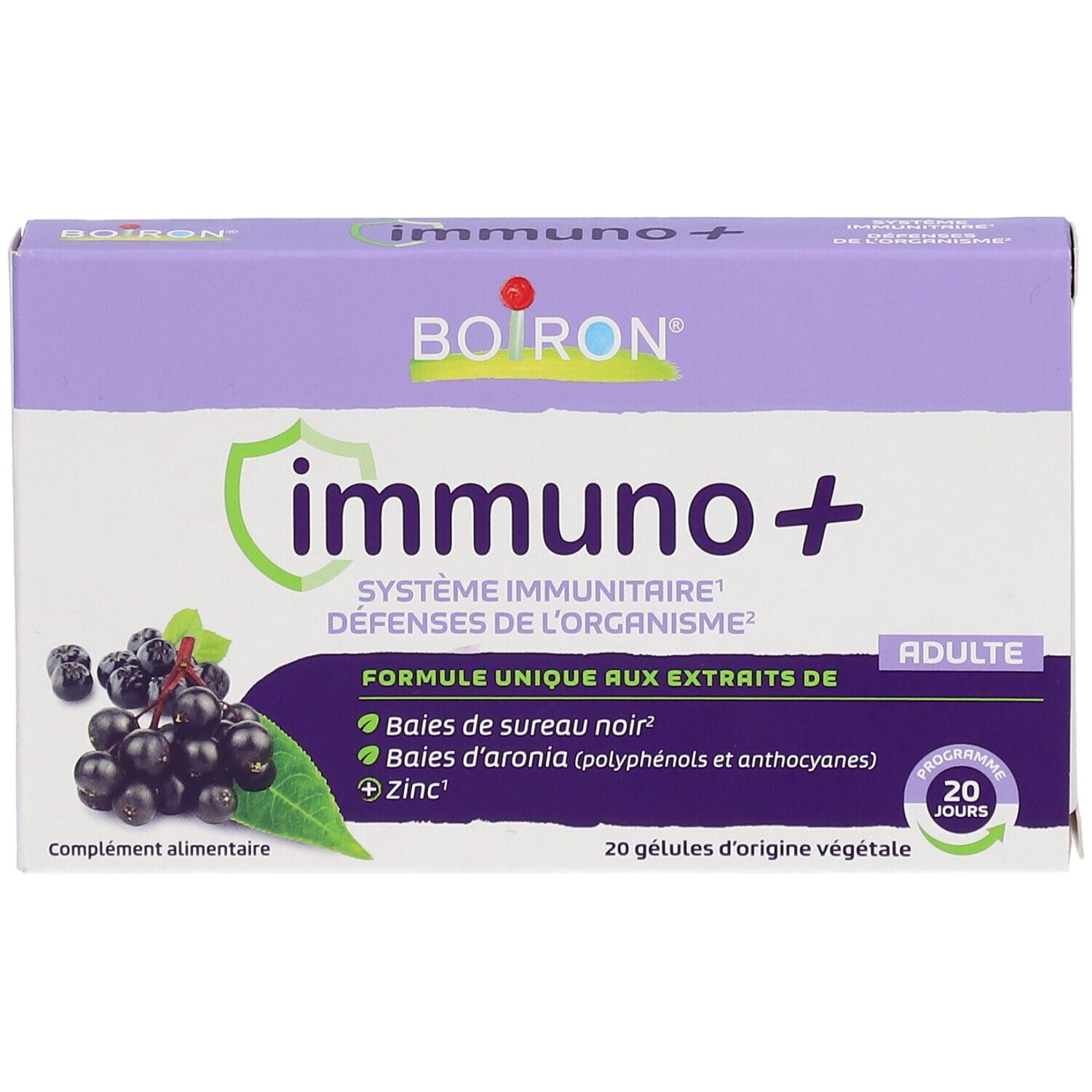 Face avant de la boîte "immuno+". Logo, nom du produit, illustration de baies. 20 gélules.