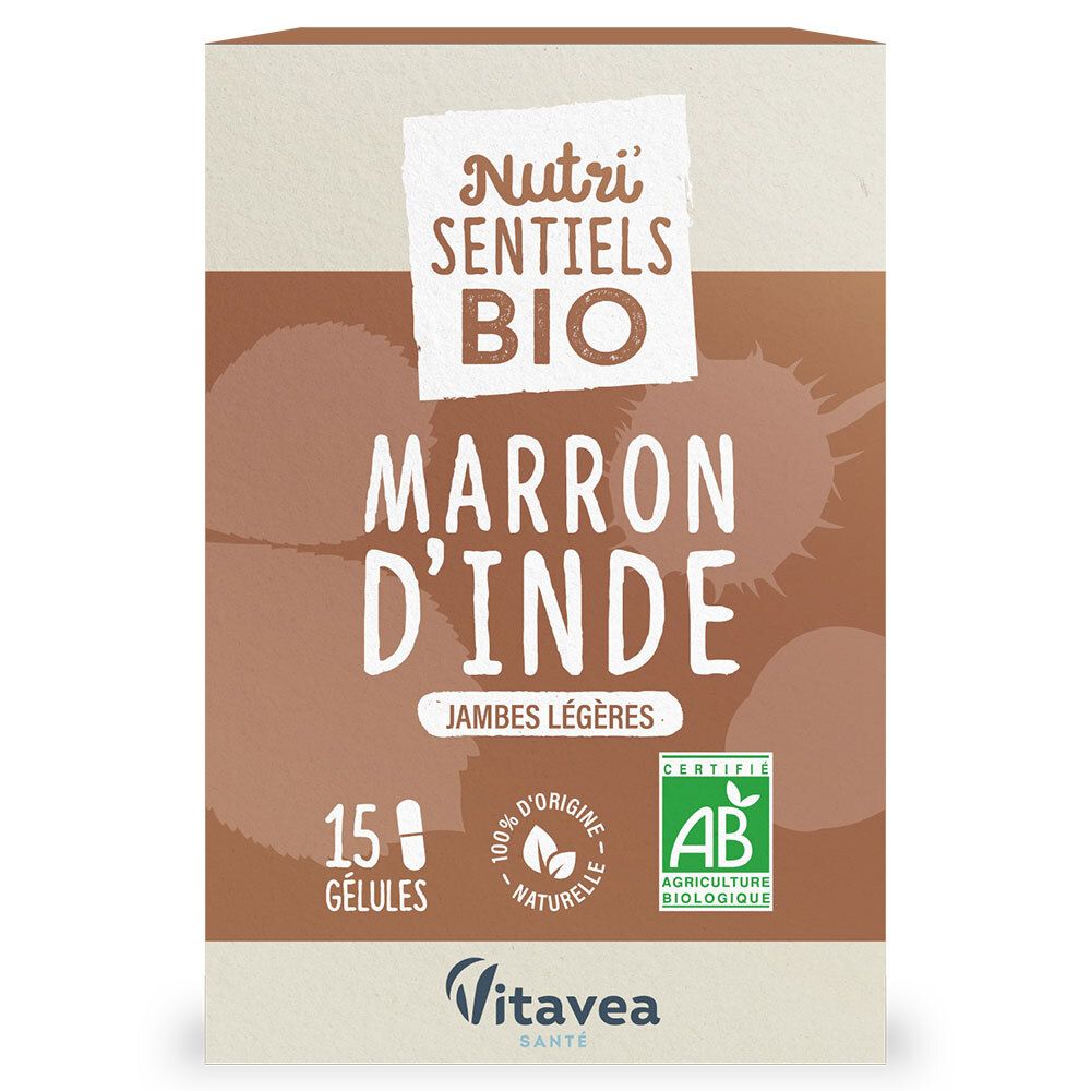 Boîte avec texte: Nutri Sentiels BIO, Marron d'Inde Jambes légères, 15 gélules. Certification AB. Logo Vitavea.
