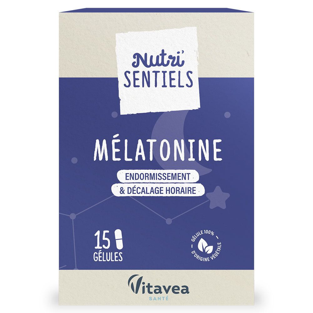 Boîte de NUTRI'SENSIELS Mélatonine. 15 gélules. Nom et logo en façade. Logo Vitavea.