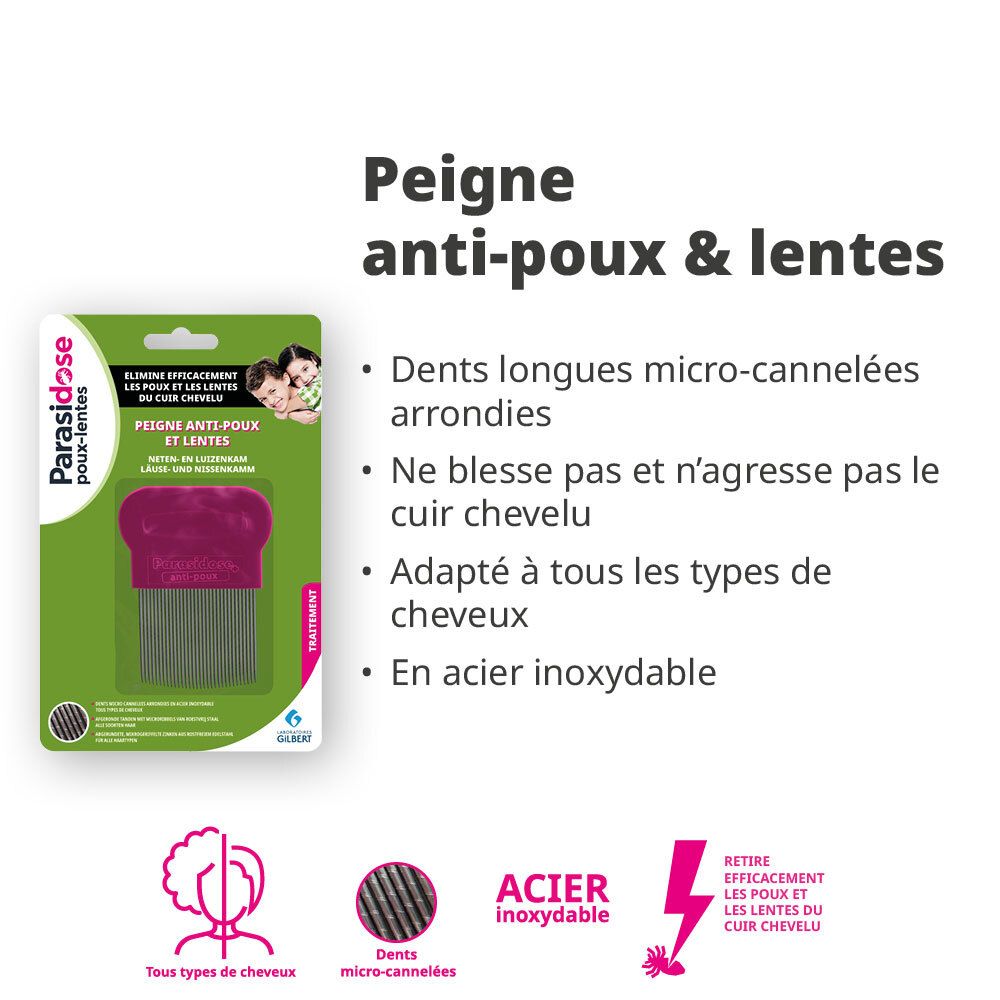 Description du produit avec illustrations. Texte: Peigne anti-poux & lentes. Caractéristiques: acier inoxydable, tous types de cheveux.