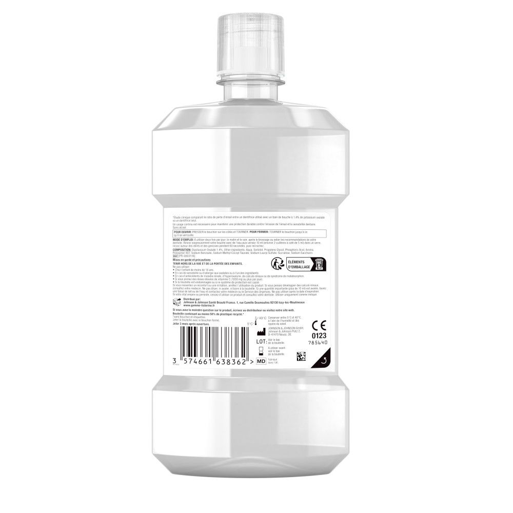 Bouteille de bain de bouche, vue arrière. Contient des informations, code-barres, marquage CE et fabricant.