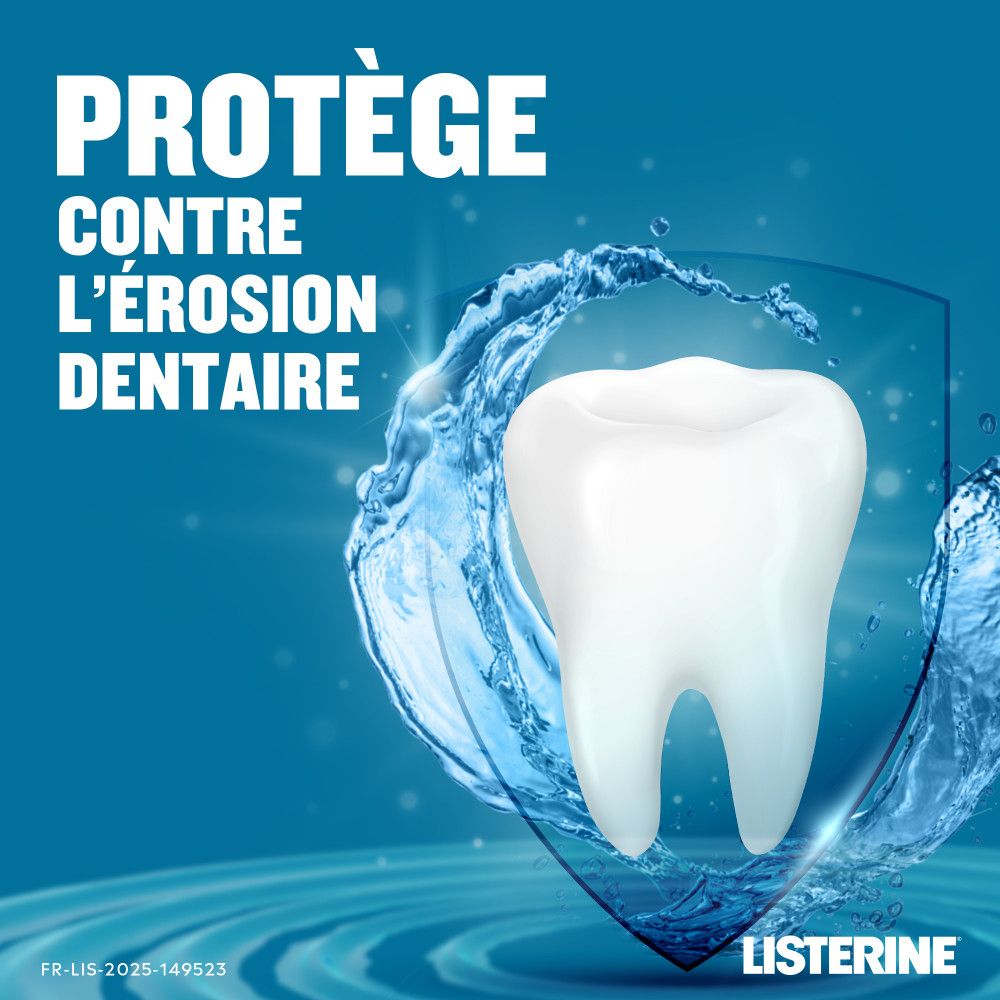 Graphique avec une dent protégée par un bouclier et des éclaboussures d'eau. LISTERINE®.