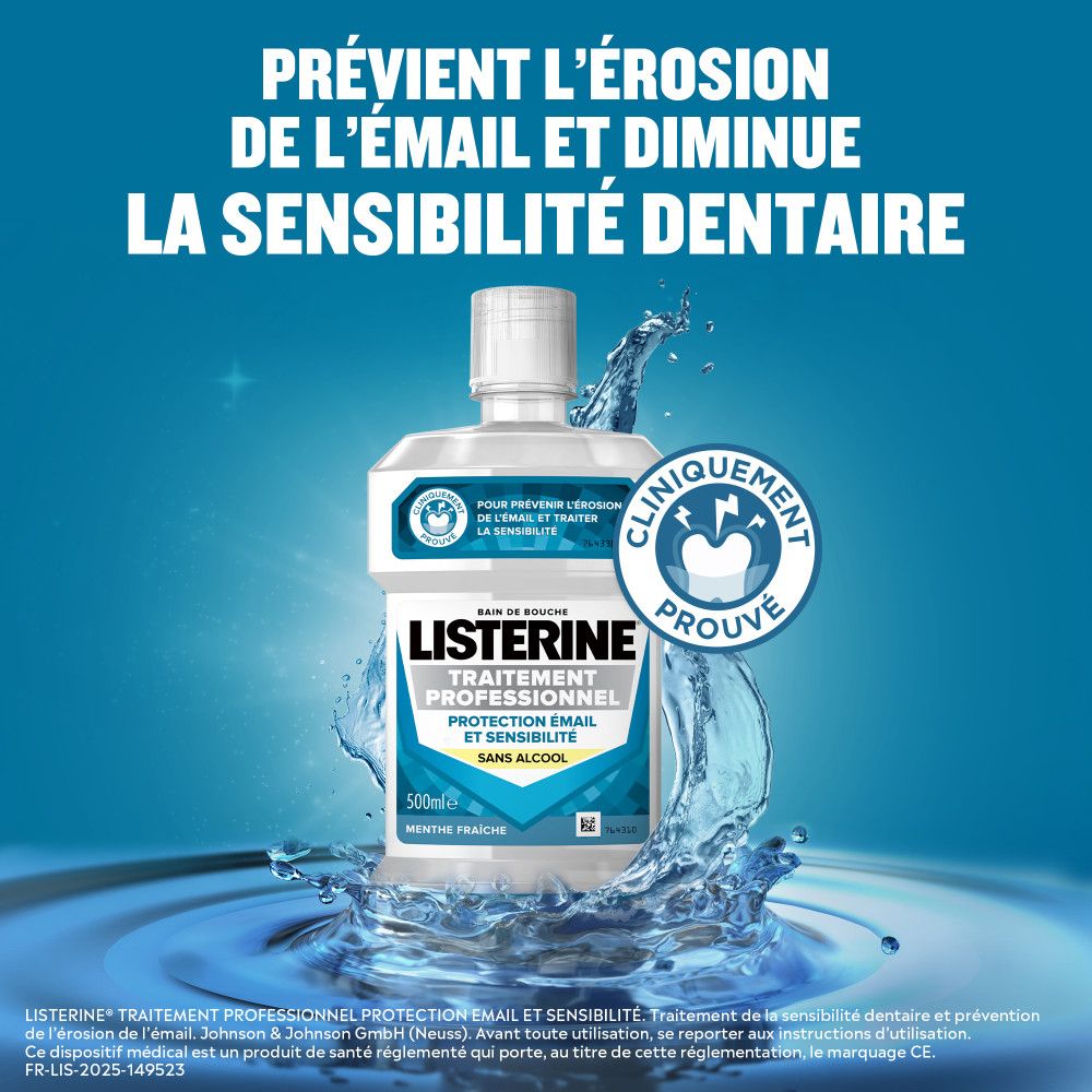 Bain de bouche avec effet eau. Texte : Prévient l'érosion de l'émail et diminue la sensibilité dentaire. Cliniquement prouvé.