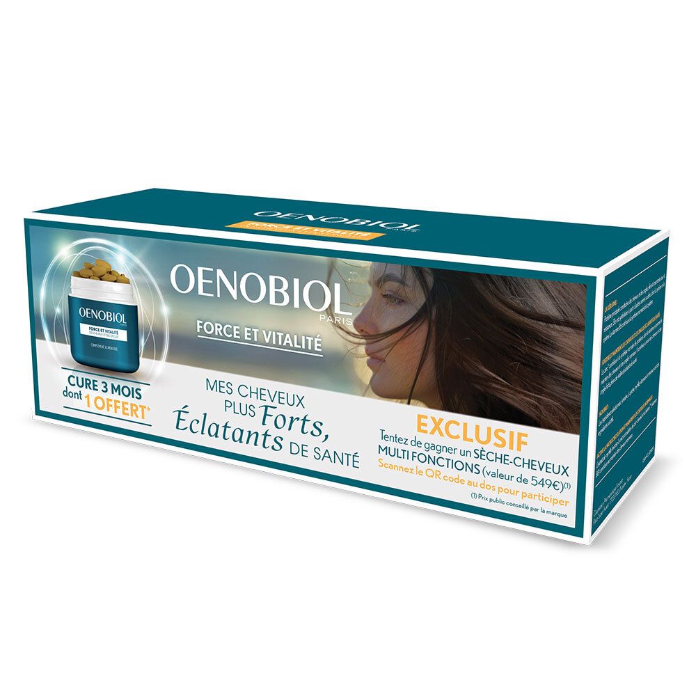 Boîte OENOBIOL. Visuel produit et texte. Contient des gélules. Inscription : Force et Vitalité. Offre 3 mois + 1 offert.