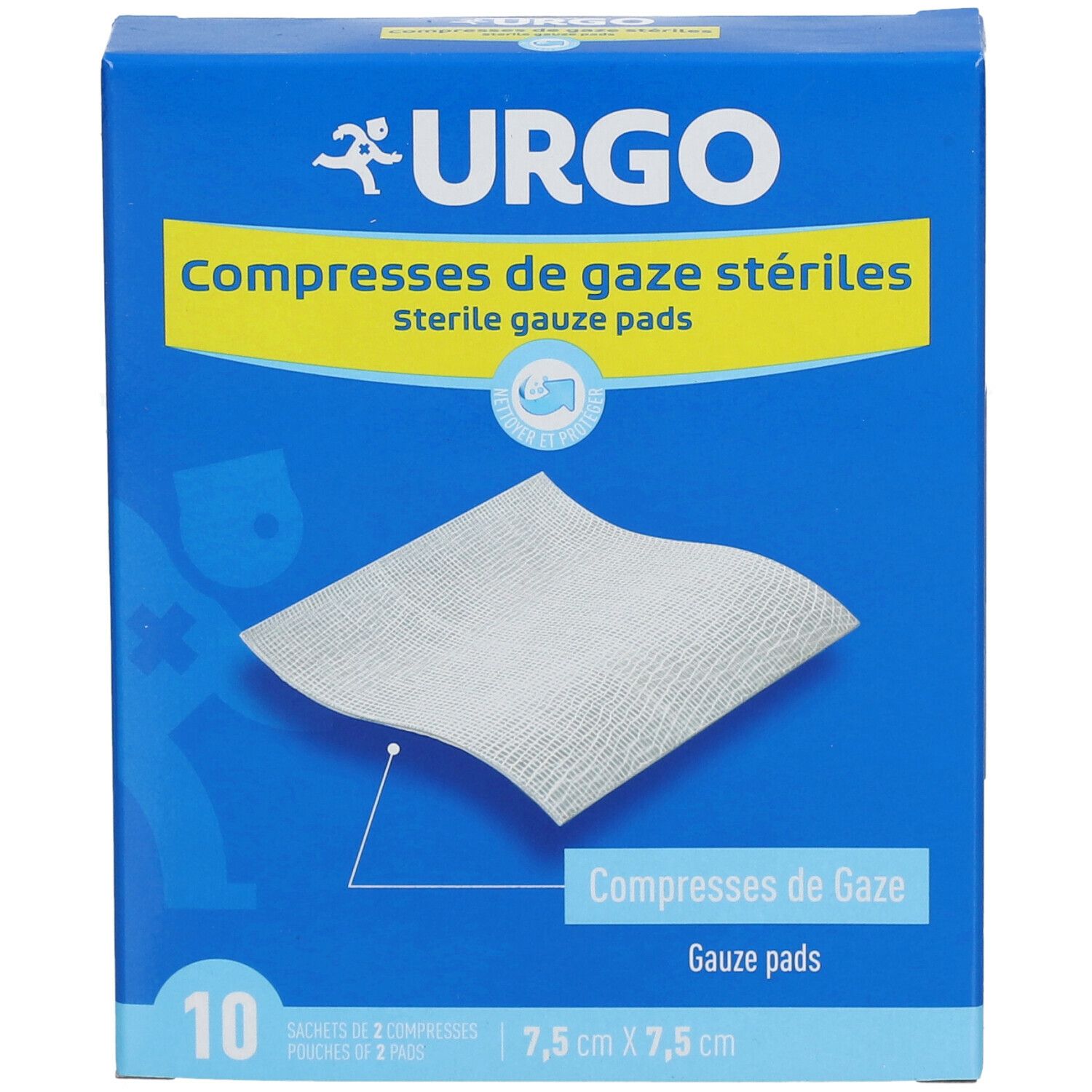 Boîte bleue Urgo. Compresses de gaze stériles, 7,5 x 7,5 cm. 10 compresses. Illustration du produit.