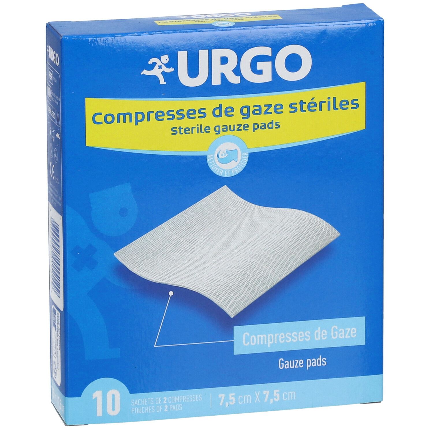 Boîte bleue Urgo. Compresses de gaze stériles, 7,5 x 7,5 cm. 10 compresses. Illustration du produit.