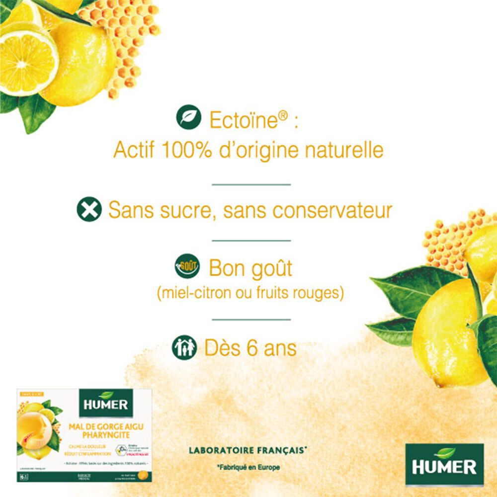 Infographie avec citrons et rayons de miel. Texte: Ectoïne, actif 100% naturel. Sans sucre, sans conservateur. Bon goût. Dès 6 ans. HUMER.
