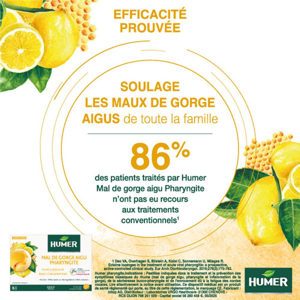 Infographie avec citrons et rayons de miel. Texte: Soulage les maux de gorge aigus. 86% des patients n'ont pas eu recours aux traitements conventionnels. HUMER.