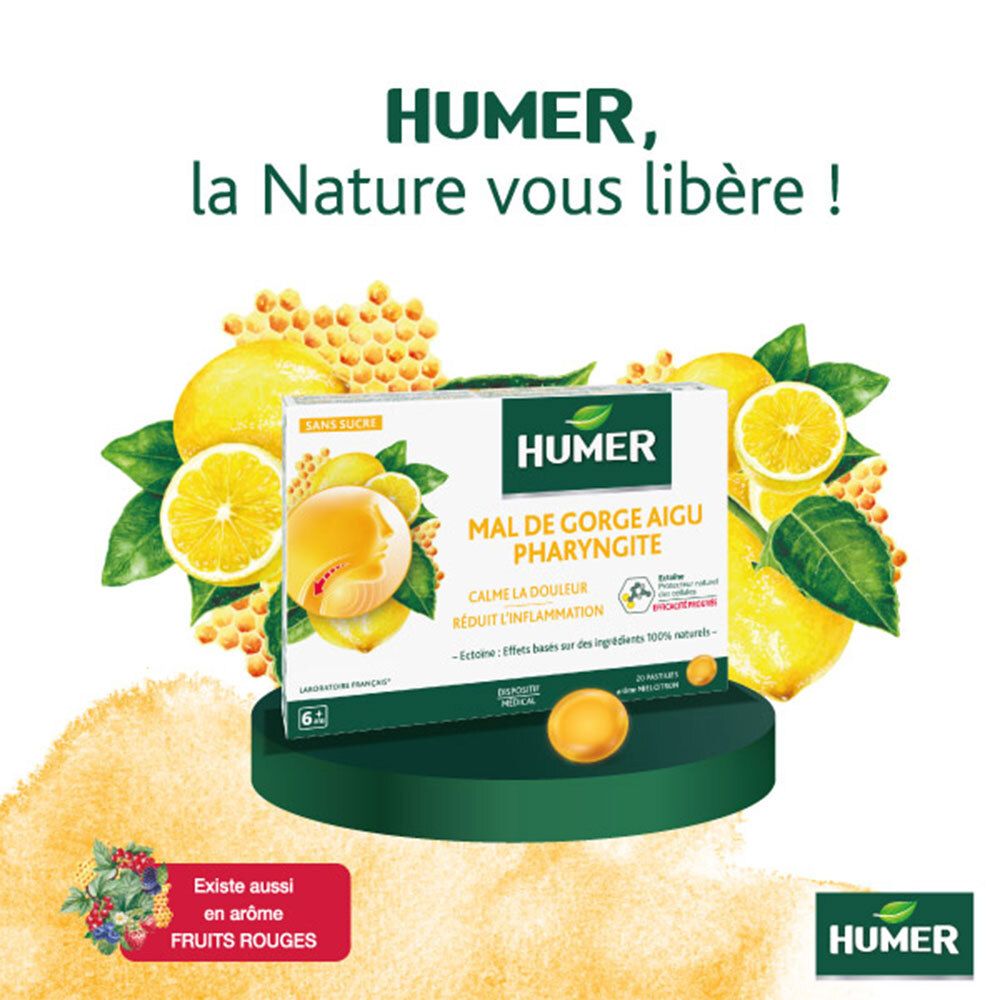 HUMER Mal de Gorge: Boîte de 20 pastilles miel citron. Existe aussi en fruits rouges.
