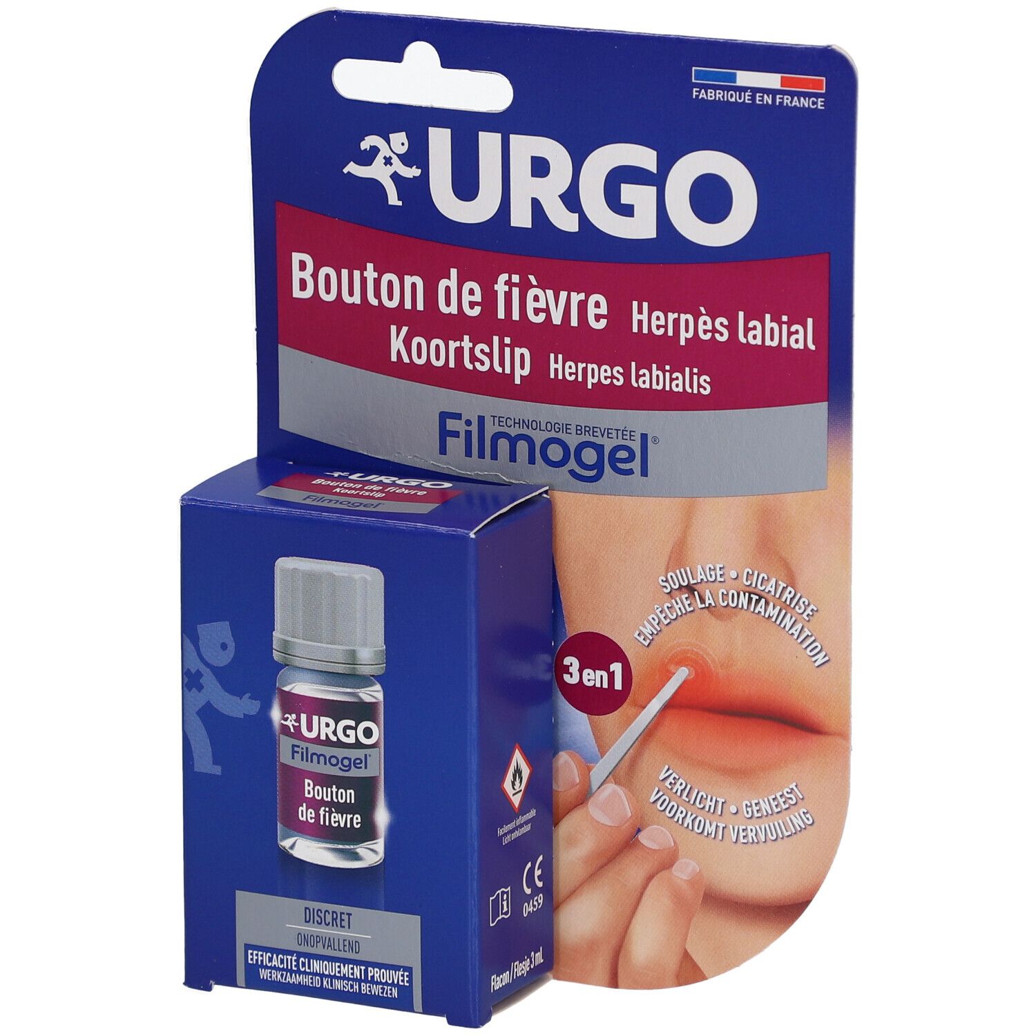 Packaging produit avec flacon et boîte. Inscriptions: URGO, Bouton de fièvre, Filmogel. Illustration d'une bouche.