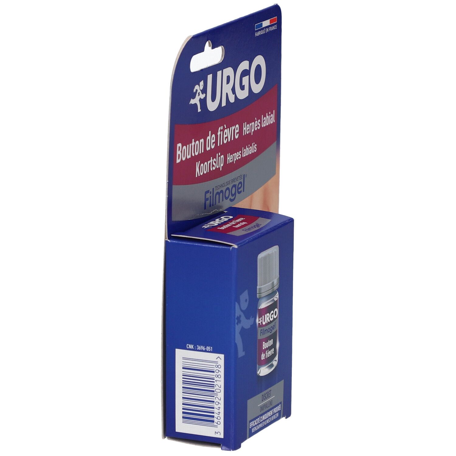 Vue latérale de l'emballage du produit. Inscriptions: URGO, Bouton de fièvre, Filmogel. Code-barres sur le côté.