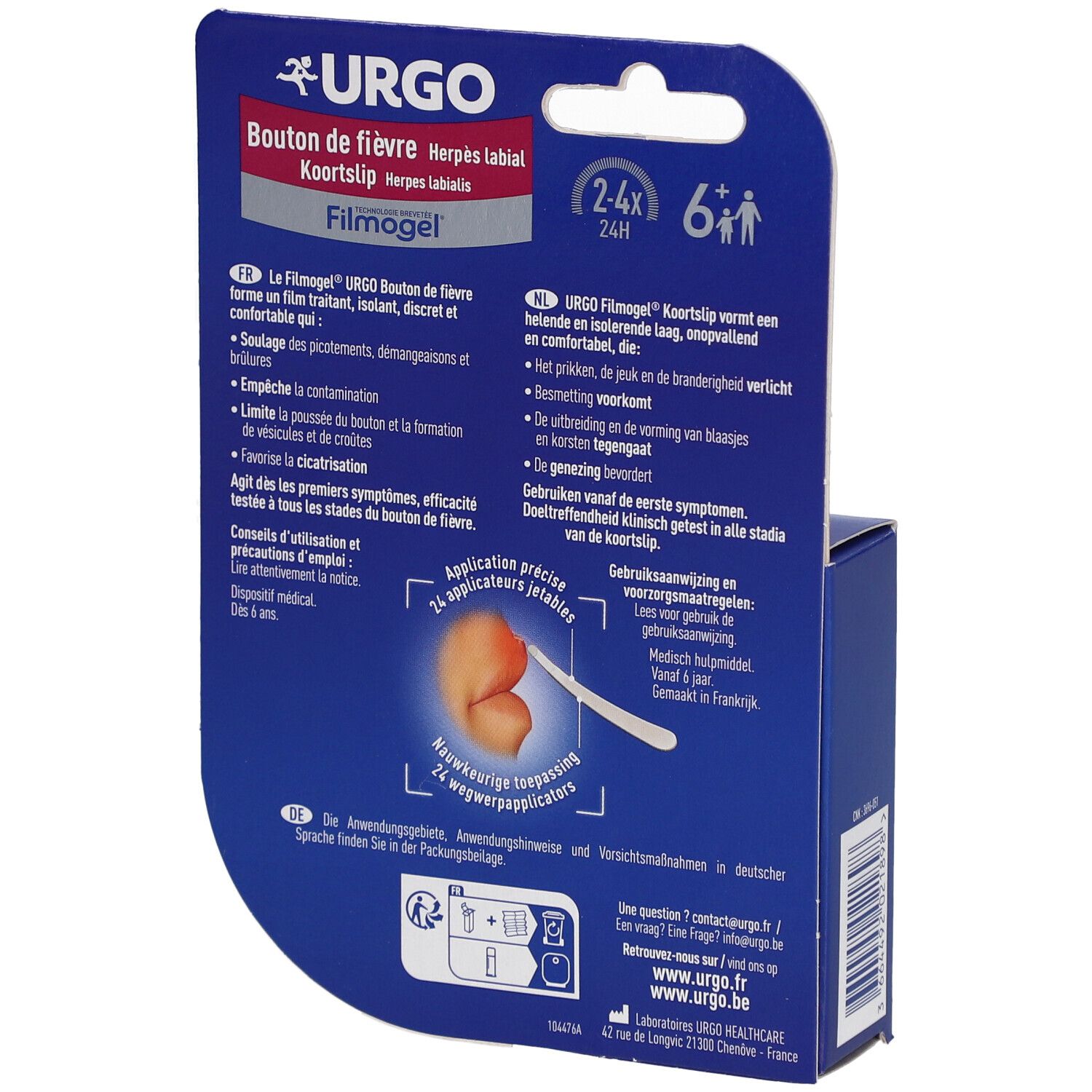 Dos de l'emballage du produit. Texte multilingue. Illustration d'une lèvre avec applicateur.