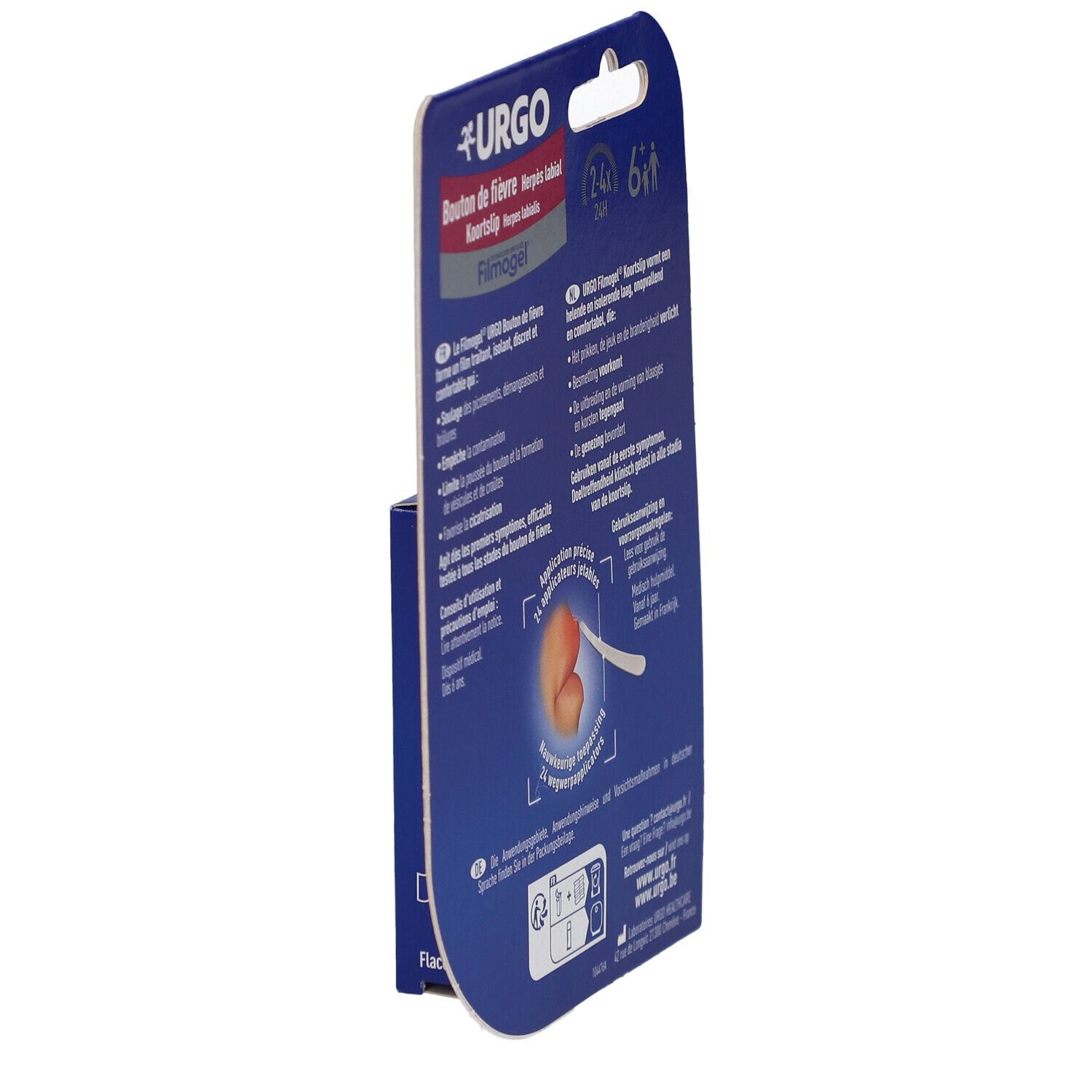 Vue latérale de l'emballage du produit. Texte multilingue. Illustration d'une lèvre avec applicateur.