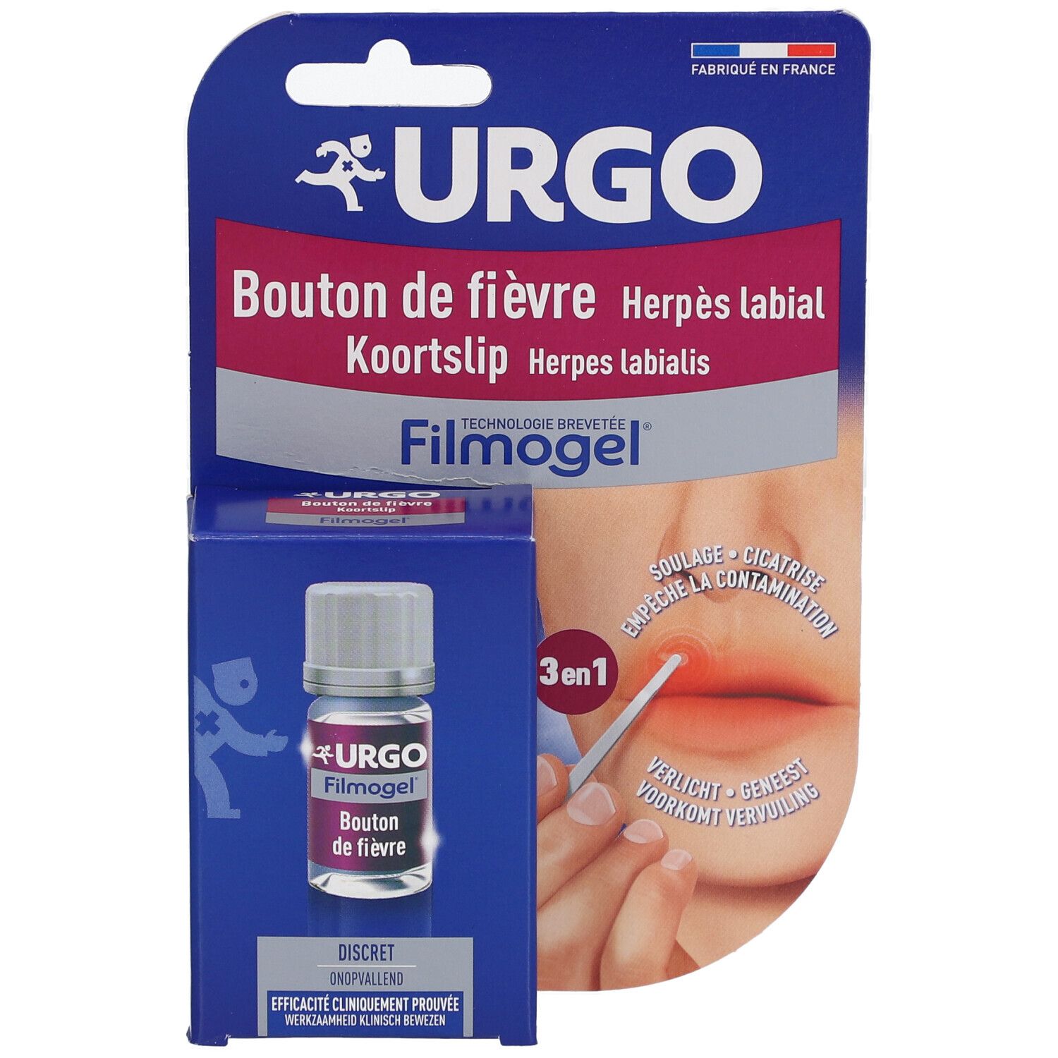 Packaging produit avec flacon et boîte. Inscriptions: URGO, Bouton de fièvre, Filmogel. Illustration d'une bouche.