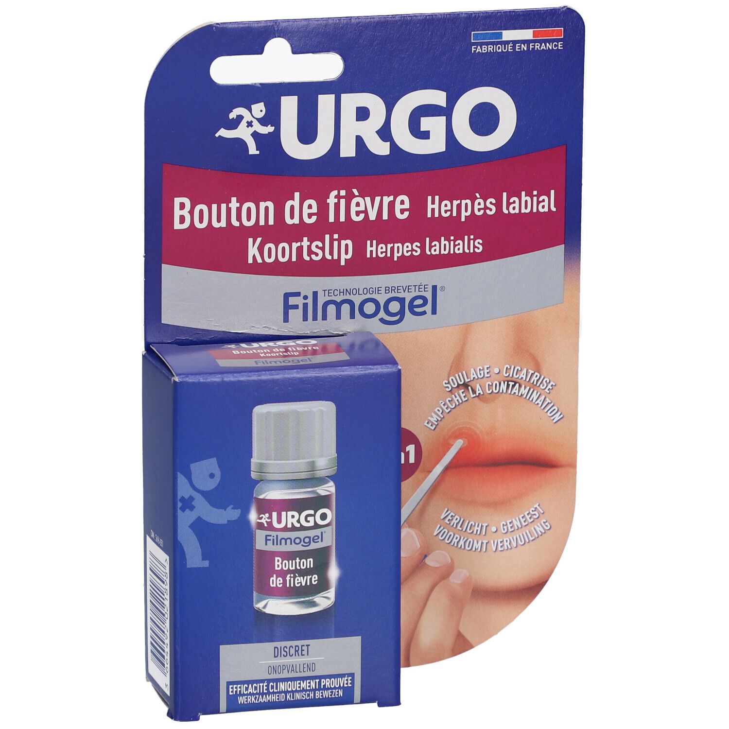 Packaging produit avec flacon et boîte. Inscriptions: URGO, Bouton de fièvre, Filmogel. Illustration d'une bouche.
