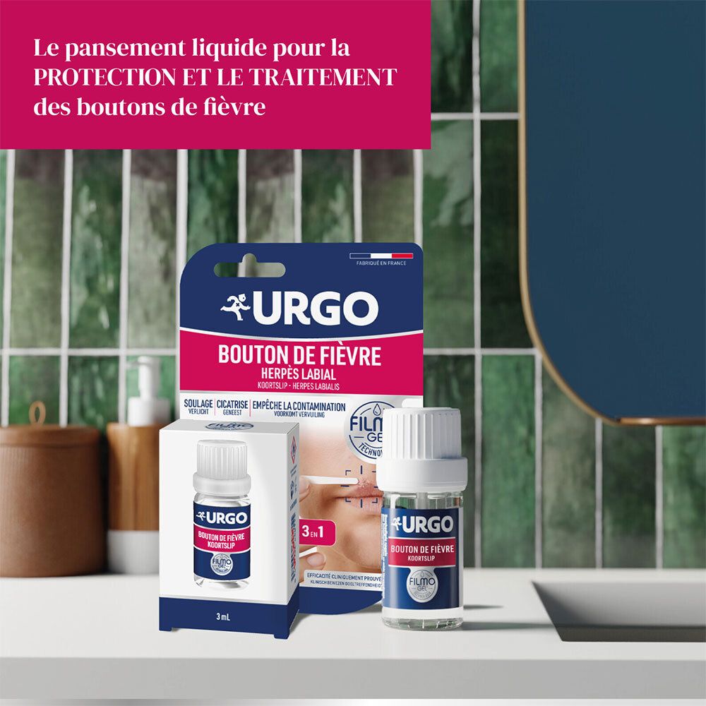 URGO Filmogel Bouton de Fièvre. Flacon et emballage sur une table. Miroir en arrière-plan.