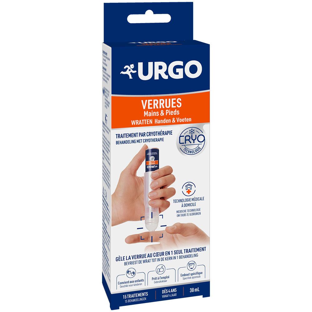 Boîte URGO Verrues Mains & Pieds. Image d'un applicateur tenu par une main. Texte: Traitement par cryothérapie. 15 traitements.